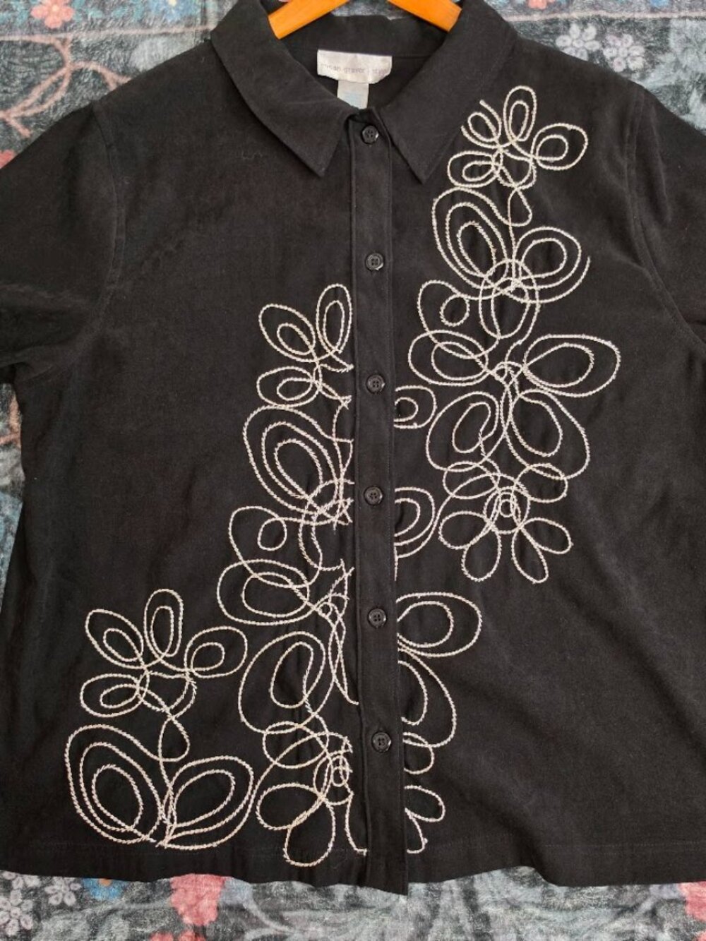 Susan Graver Style Western Floral Embroidered Black Blouse 1X Cowgirl Button